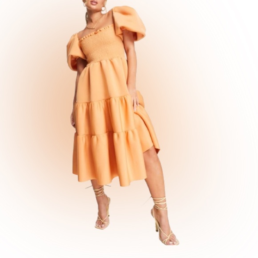 Puff Sleeve Tiered Midi Dress - Peach